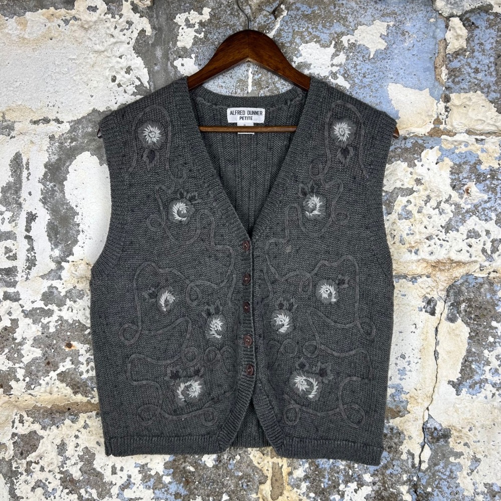 Vintage Alfred Dunner Sweater Vest Grey Floral Embroidered Wool Mix Womens PL